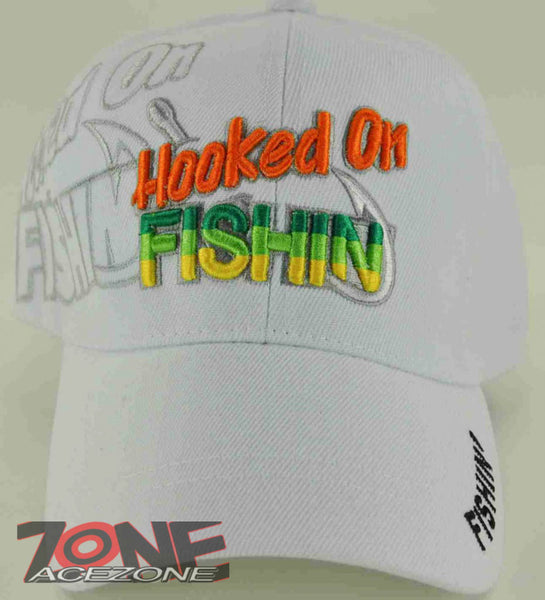 NEW! HOOKED ON FISHIN FISHING CAP HAT WHITE
