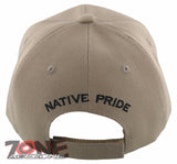 NEW! NATIVE PRIDE INDIAN AMERICAN WOLF SIDE FEATHERS CAP HAT TAN