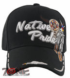NEW! NATIVE PRIDE INDIAN AMERICAN BULL SKULL SIDE FEATHERS CAP HAT BLACK