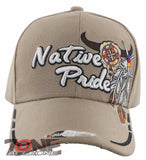 NEW! NATIVE PRIDE INDIAN AMERICAN BULL SKULL SIDE FEATHERS CAP HAT TAN
