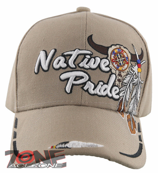 NEW! NATIVE PRIDE INDIAN AMERICAN BULL SKULL SIDE FEATHERS CAP HAT TAN