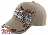 NEW! NATIVE PRIDE INDIAN AMERICAN BULL SKULL SIDE FEATHERS CAP HAT TAN