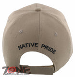 NEW! NATIVE PRIDE INDIAN AMERICAN BULL SKULL SIDE FEATHERS CAP HAT TAN