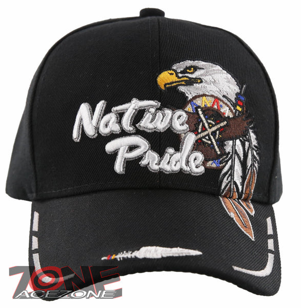 NEW! NATIVE PRIDE INDIAN AMERICAN EAGLE SIDE FEATHERS CAP HAT BLACK