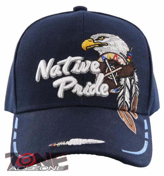 NEW! NATIVE PRIDE INDIAN AMERICAN EAGLE SIDE FEATHERS CAP HAT NAVY