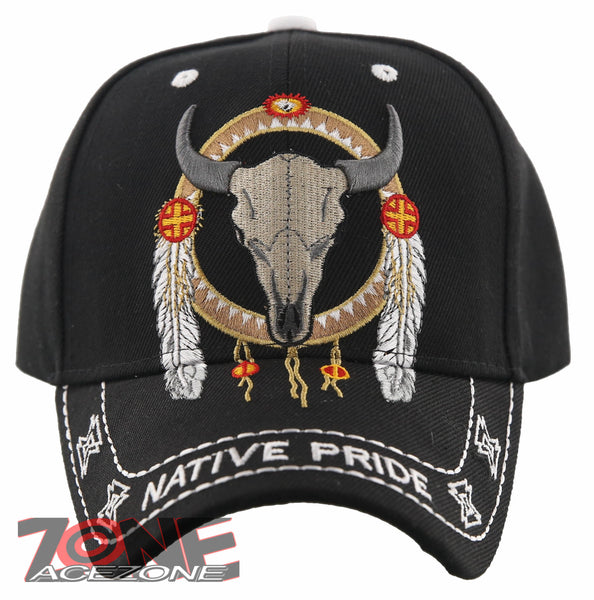 NEW! NATIVE PRIDE INDIAN AMERICAN FEATHERS BUFFALO SKULL CAP HAT BLACK
