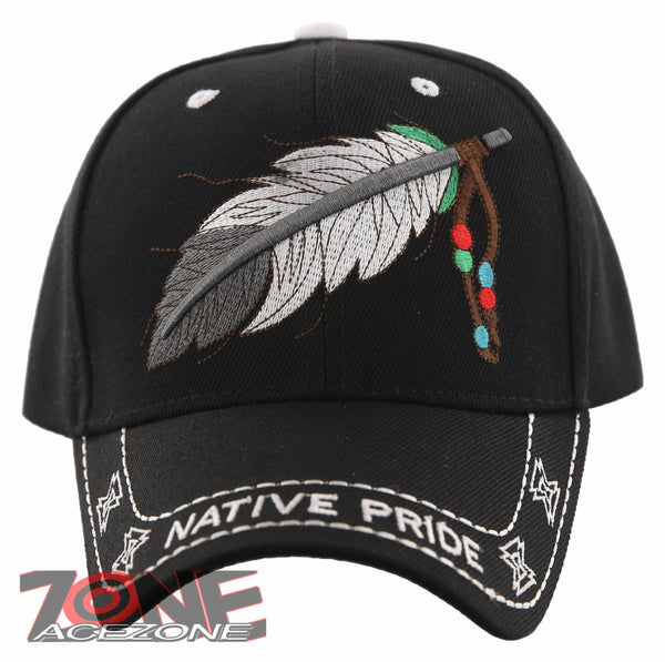 NEW! NATIVE PRIDE INDIAN AMERICAN BIG FEATHERS CAP HAT BLACK