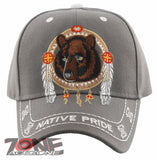 NEW! NATIVE PRIDE INDIAN AMERICAN FEATHERS BEAR CAP HAT GRAY