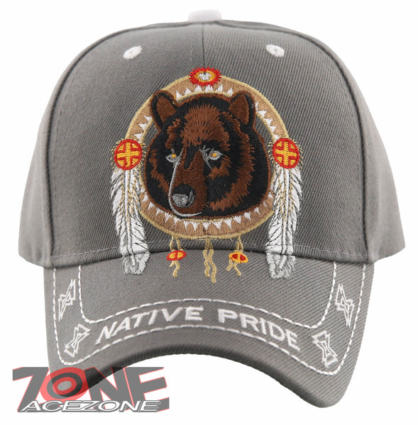NEW! NATIVE PRIDE INDIAN AMERICAN FEATHERS BEAR CAP HAT GRAY