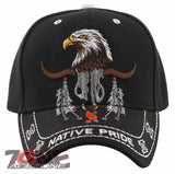 NEW! NATIVE PRIDE INDIAN AMERICAN FEATHERS EAGLE BUFFALO SKULL CAP HAT BLACK