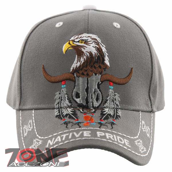 NEW! NATIVE PRIDE INDIAN AMERICAN FEATHERS EAGLE BUFFALO SKULL CAP HAT GRAY