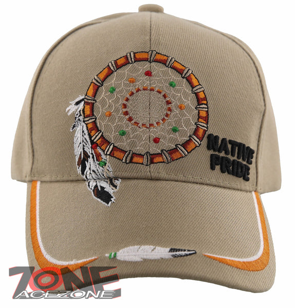 NATIVE PRIDE DREAM CATCHER FEATHER CAP HAT TAN