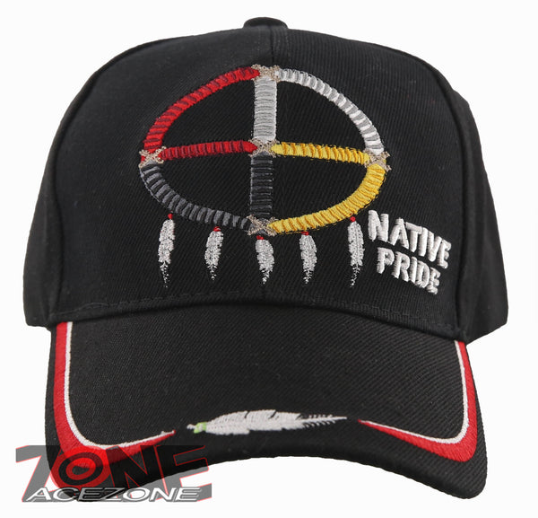 NATIVE PRIDE MEDICINE WHEEL HOOP FEATHER CAP HAT BLACK