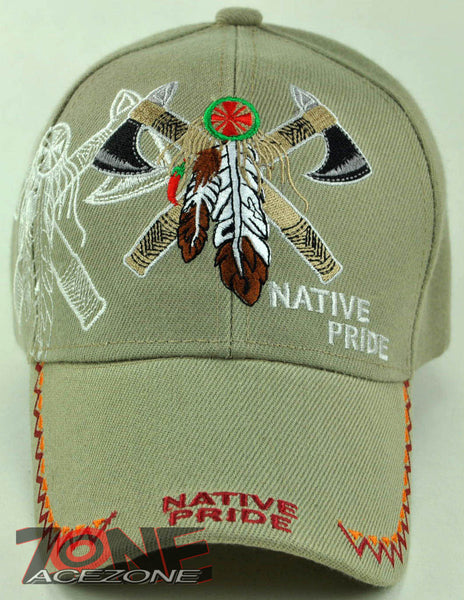 NEW! NATIVE PRIDE DOUBLE AXE FEATHER CAP HAT TAN