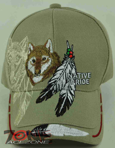 NEW! NATIVE PRIDE WOLF FEATHERS CAP HAT TAN