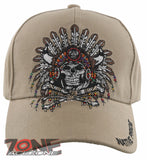 NEW! NATIVE PRIDE HONOR CHIEF SKULL HEAD CAP HAT TAN