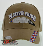 NEW! NATIVE PRIDE INDIAN MIDDLE BIG FEATHER CAP HAT TAN