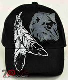 NATIVE PRIDE INDIAN BIG FEATHER WOLF CAP HAT BLACK