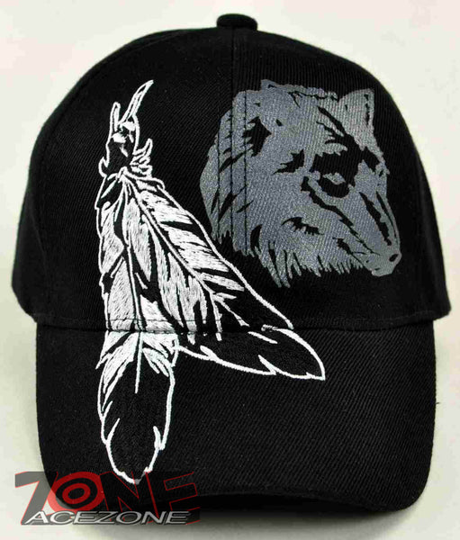 NATIVE PRIDE INDIAN BIG FEATHER WOLF CAP HAT BLACK