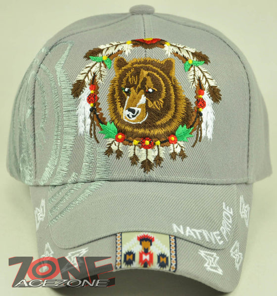 NATIVE PRIDE BEAR DREAM CATCHER FEATHER N1 CAP HAT GRAY