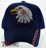NEW! NATIVE PRIDE INDIAN AMERICAN SIDE EAGLE FEATHERS CAP HAT NAVY