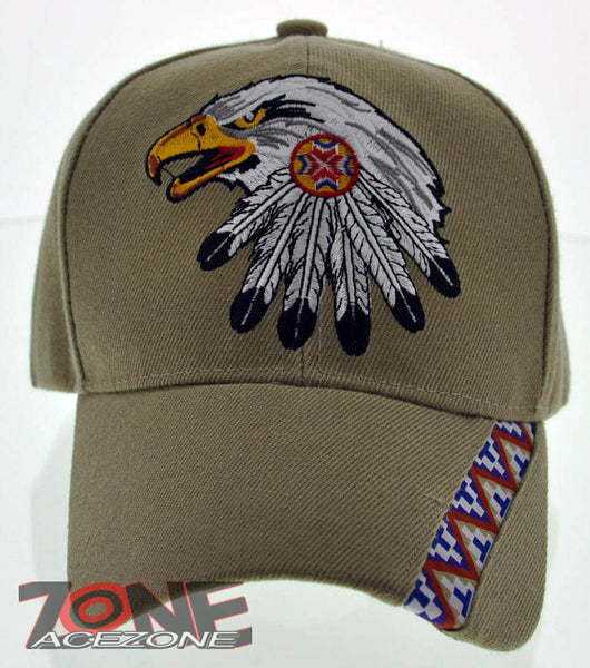 NEW! NATIVE PRIDE INDIAN AMERICAN SIDE EAGLE FEATHERS CAP HAT TAN