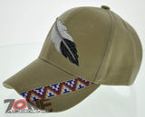 NEW! NATIVE PRIDE INDIAN AMERICAN SIDE BIG FEATHERS CAP HAT TAN