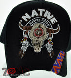 NEW! NATIVE PRIDE INDIAN AMERICAN SIDE BULL SKULL FEATHERS CAP HAT BLACK