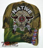 NEW! NATIVE PRIDE INDIAN AMERICAN SIDE BULL SKULL FEATHERS CAP HAT CAMO