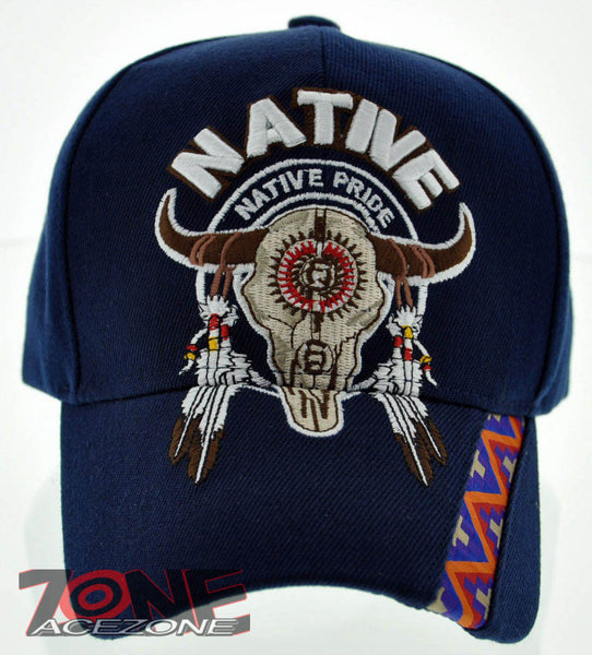 NEW! NATIVE PRIDE INDIAN AMERICAN SIDE BULL SKULL FEATHERS CAP HAT NAVY