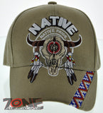 NEW! NATIVE PRIDE INDIAN AMERICAN SIDE BULL SKULL FEATHERS CAP HAT TAN