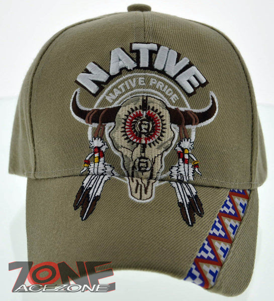 NEW! NATIVE PRIDE INDIAN AMERICAN SIDE BULL SKULL FEATHERS CAP HAT TAN