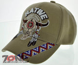 NEW! NATIVE PRIDE INDIAN AMERICAN SIDE BULL SKULL FEATHERS CAP HAT TAN