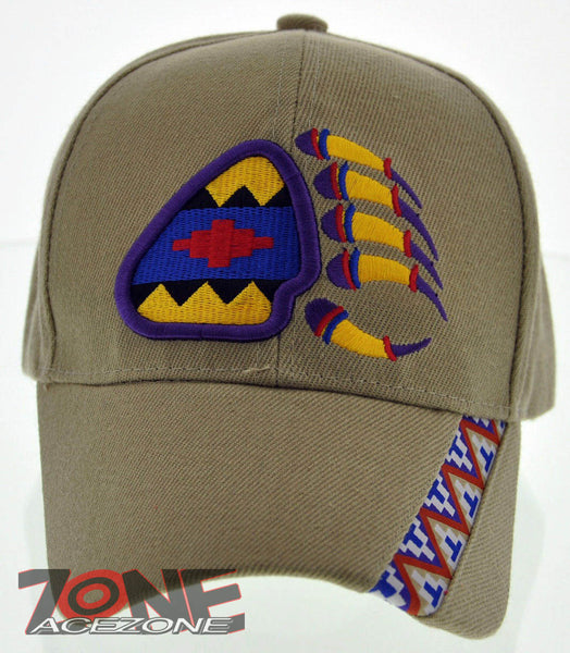 NEW! NATIVE PRIDE INDIAN AMERICAN SIDE BEAR CLAW FEATHERS CAP HAT TAN