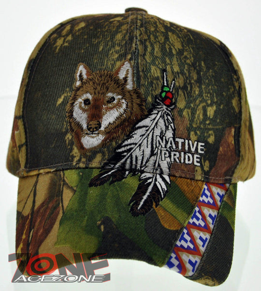 NEW! NATIVE PRIDE INDIAN AMERICAN SIDE WOLF FEATHERS CAP HAT CAMO