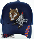 NEW! NATIVE PRIDE INDIAN AMERICAN SIDE WOLF FEATHERS CAP HAT NAVY