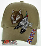NEW! NATIVE PRIDE INDIAN AMERICAN SIDE WOLF FEATHERS CAP HAT TAN