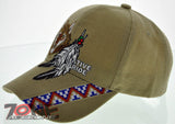 NEW! NATIVE PRIDE INDIAN AMERICAN SIDE WOLF FEATHERS CAP HAT TAN