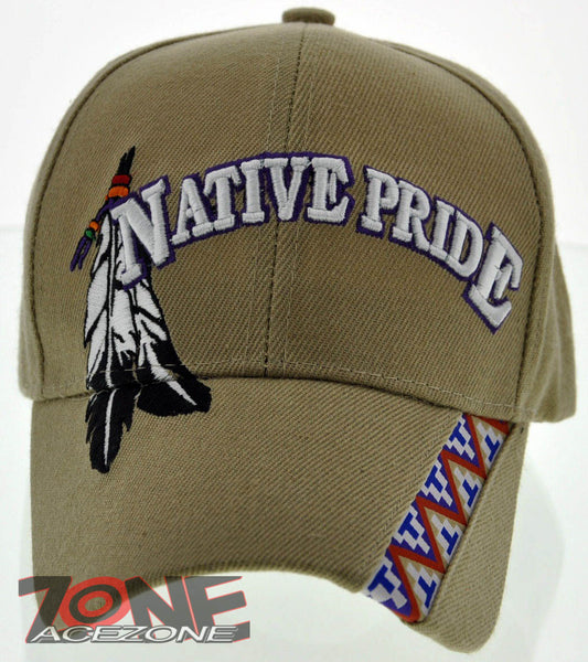 NEW! NATIVE PRIDE INDIAN AMERICAN SIDE BIG LETTER FEATHERS CAP HAT TAN