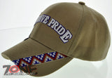 NEW! NATIVE PRIDE INDIAN AMERICAN SIDE BIG LETTER FEATHERS CAP HAT TAN