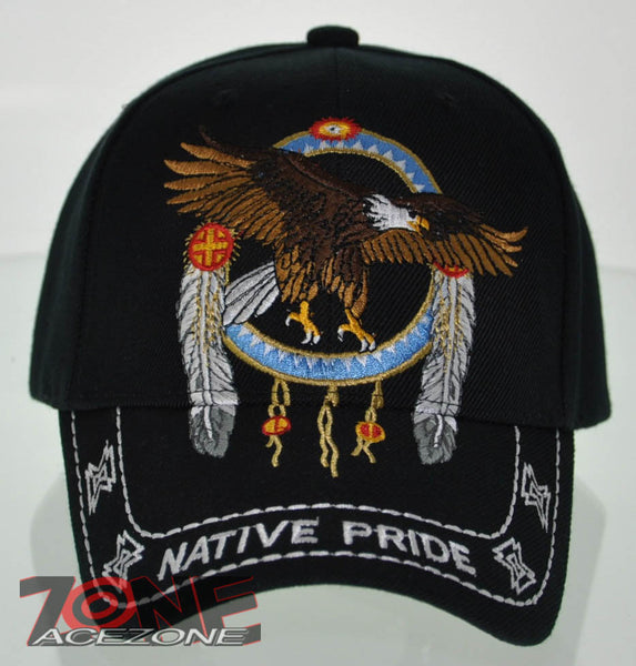 NEW! NATIVE PRIDE INDIAN AMERICAN BIG EAGLE FEATHERS CAP HAT BLACK