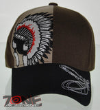 NEW! NATIVE PRIDE INDIAN AMERICAN CHIEF FEATHERS CAP HAT BROWN