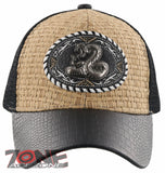 NEW! STRAW MESH METAL COBRA FAUX LEATHER BALL CAP HAT STRAW BLACK