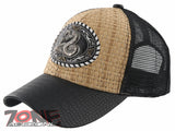 NEW! STRAW MESH METAL COBRA FAUX LEATHER BALL CAP HAT STRAW BLACK