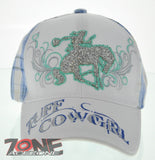 NEW! WESTERN TUFF COWGIRL COW GIRL GLITTER HORSE PLAID WHITE CAP HAT SKY BLUE