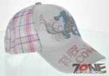 NEW! WESTERN TUFF COWGIRL COW GIRL GLITTER HORSE PLAID WHITE CAP HAT PINK