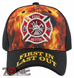 FD FIRE DEPARTMENT FIRST IN LAST OUT FRONT FLAME CAP HAT BLACK