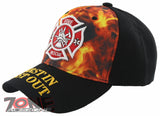 FD FIRE DEPARTMENT FIRST IN LAST OUT FRONT FLAME CAP HAT BLACK