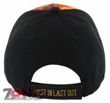 FD FIRE DEPARTMENT FIRST IN LAST OUT FRONT FLAME CAP HAT BLACK