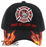 FD FIRE DEPARTMENT FIRST IN LAST OUT SIDE FLAME CAP HAT BLACK